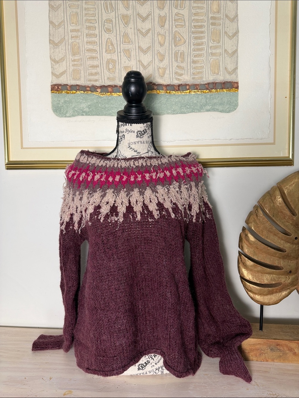 Free People Burgundy Fair Isle Crewneck Sweater with Pink & Cream Accents